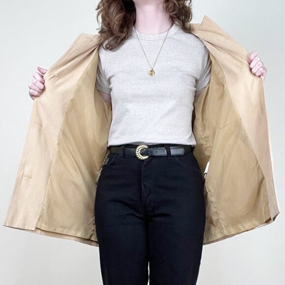 Vintage 90s Y2K Long Faux Suede Leather Peacoat Trench Jacket Quiet Luxury Coat - Picture 3 of 9